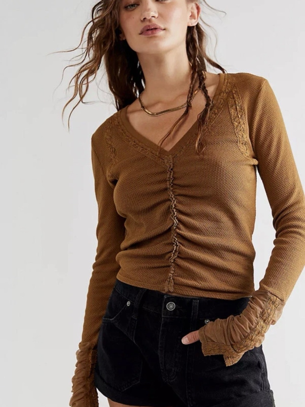 Free people wear me out V-Neck Long Sleeve Top - Brown